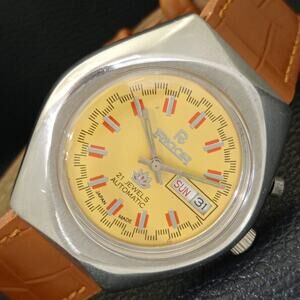 Vintage 1980 Ricoh Automatic Mens Silver Watch W/daydate & Yellow accents
